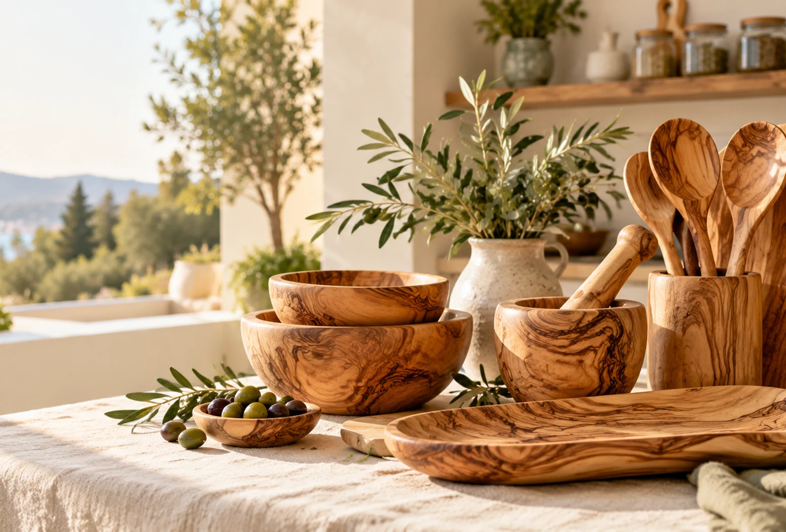 Pièces en bois d’olivier mises en scène dans une cuisine méditerranéenne